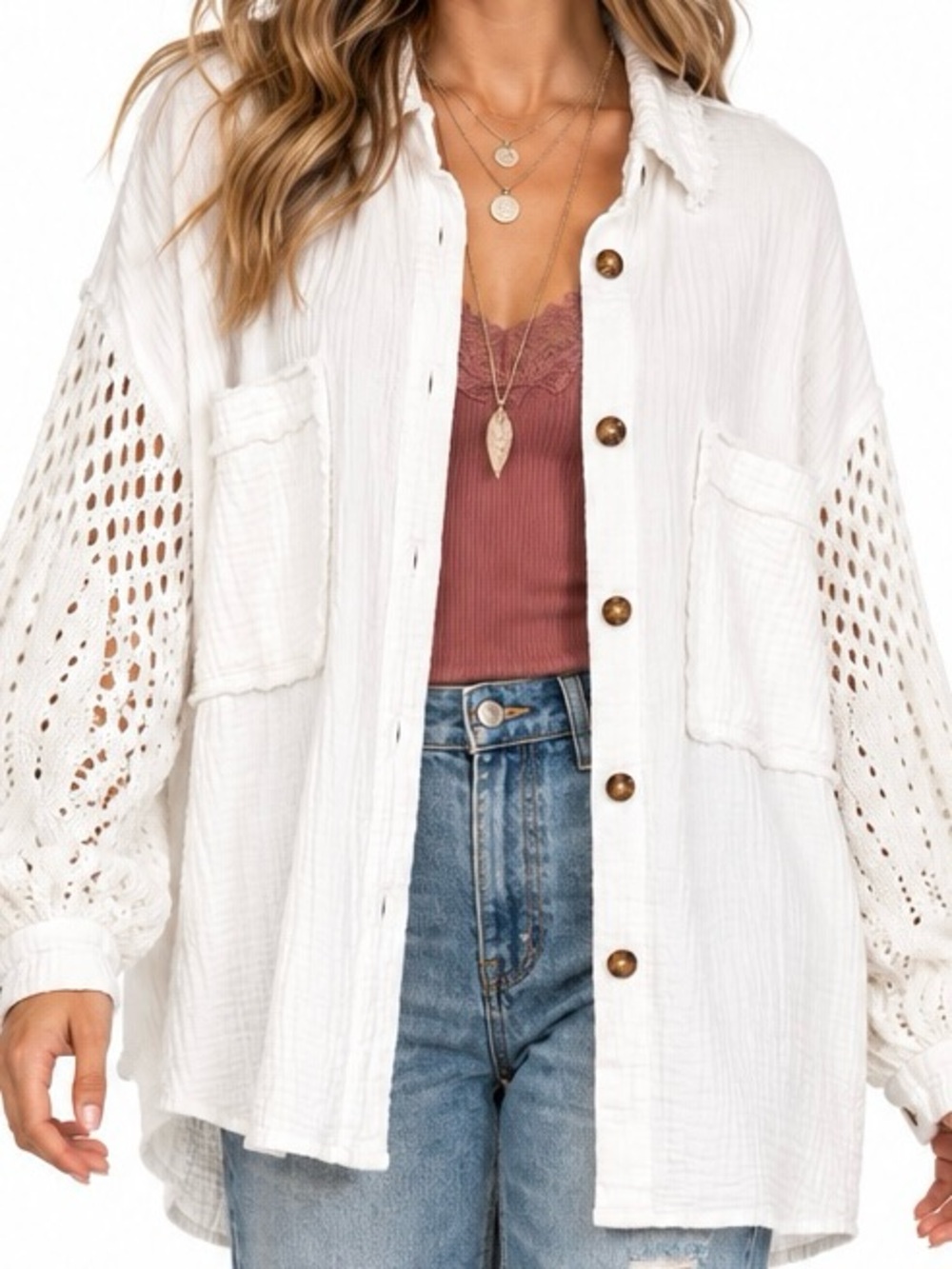 POL White Gauze Crochet Sleeve Oversized Shacket Boho Coastal Size L